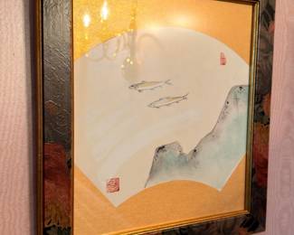 Asian fan-shaped watercolor landscape, framed