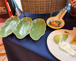 Green leaf-shaped serving dish and decorative platters