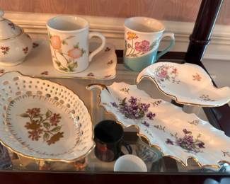 Floral porcelain serving pieces and mugs