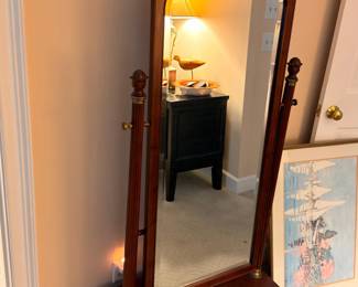 Antique mahogany cheval floor mirror with drawer