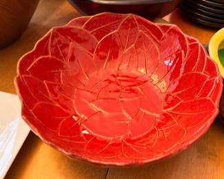 Red ceramic lotus leaf serving bowl
