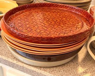 Ceramic basket-weave serving tray and stoneware plates