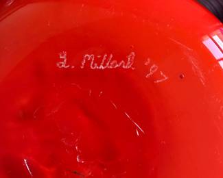 Orange art glass case signed L. Millard 1997
