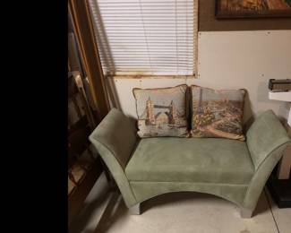 Another view of light green bench with beautiful pillows hand done.
