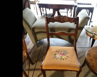 Needlepoint seat with mahogany carved motiff