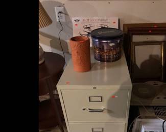 Hon file cabinet, clay wine cooler, vintage cookie tin