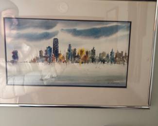 Chicago Skyline Watercolor Painting by T. Nishimoto