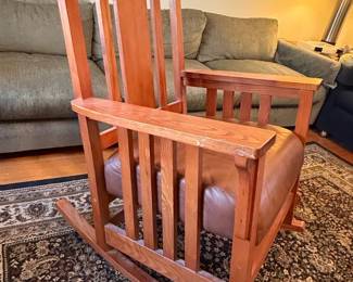 Restoration Hardware Oak Rocking Chair with Leather Seat - Arts and Crafts Style