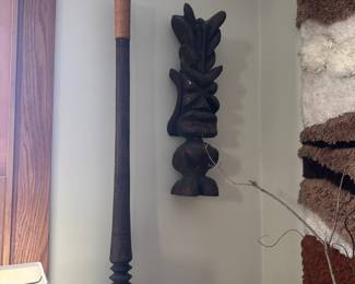 Vintage Hand-Carved Wooden Tiki Mask and Hanging Sculpture