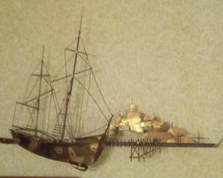Curtis Jere Style Mid-Century Modern Metal Ship and Coastal Town Wall Art