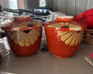 Vintage Ransburg Pottery Orange Daisy Covered Dish Set