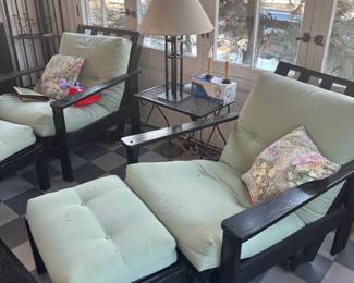 Modern Dark Wood Armchair with Light Green Cushions and Ottoman