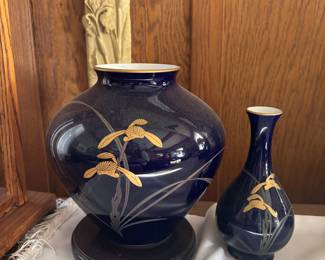 Pair of Koransha Cobalt Blue Porcelain Vases with Gold Iris Motif