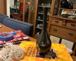 Japanese Bronze Vase with Crane Motif by Takaoka