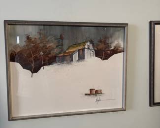 Framed Watercolor Painting of a Barn Scene by Mark Polomchak