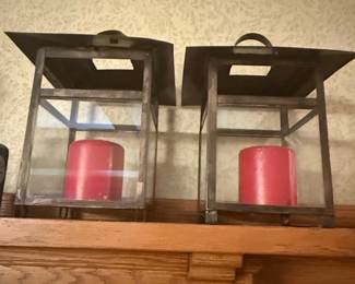 Vintage Metal Lanterns with Red Candles (Set of 2)
