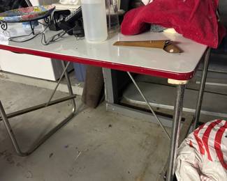 Vintage Metal Folding Table with Red Trim