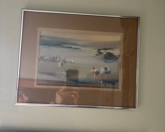 Watercolor Painting of a Coastal Scene with Figures and Boat