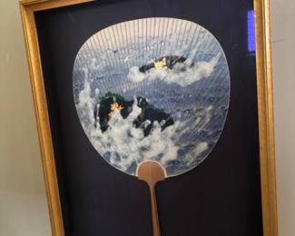 Framed Japanese Uchiwa Fan with Landscape and Gold Leaf