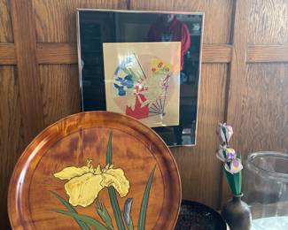 Vintage Japanese Iris Lacquer Tray and Framed Silk Art