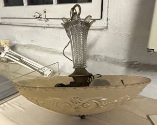 Vintage Frosted Glass Bowl Hanging Light Fixture with Embossed Floral Pattern