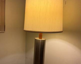 Mid-Century Modern Table Lamp with Brushed Metal and Wood Accents