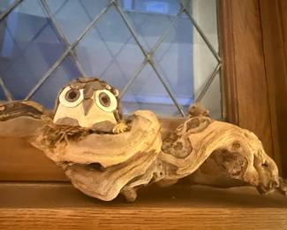Handmade Ceramic Owl on Driftwood Sculpture