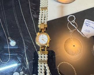 Peugeot "P" Logo Watch with Multi-Strand Faux Pearl Band