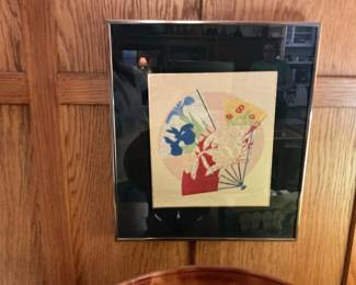 Framed Japanese Fan Motif Textile Art