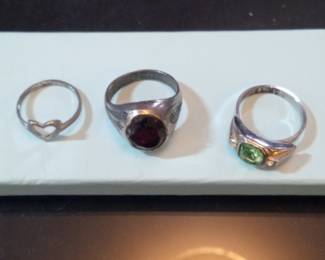 Lot of Three Rings: Heart Charm, Garnet, and Peridot-style Stone