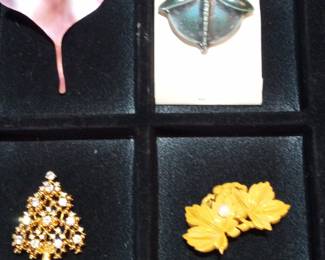 Assorted Brooches: Ginkgo Leaf, Dragonfly, Christmas Tree, and Maple Leaves