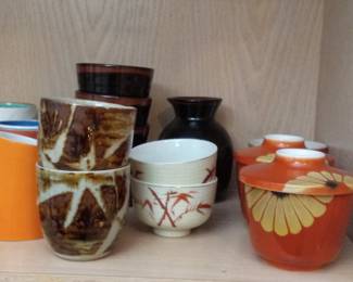 Japanese Ceramic Tea/Sake Set with Lidded Bowls and Vase