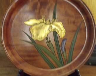 Vintage Wooden Decorative Plate with Gilded Iris Motif