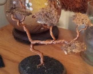 Copper Wire Bonsai Tree Sculpture on Stone Base