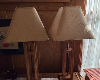 Arts and Crafts Style Oak Table Lamps (Pair)