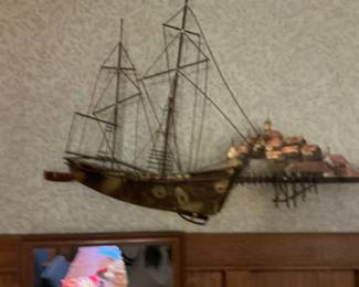 Curtis Jere Style Brass Ship Wall Art with Village