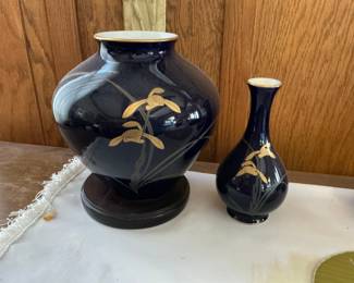 Koransha Cobalt Blue Porcelain Vases with Gold Orchid Motif
