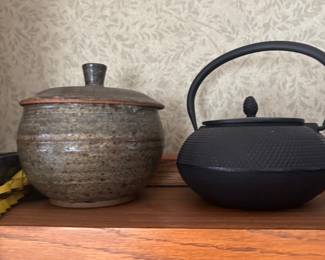 Iwachu Hobnail Cast Iron Teapot and Rustic Ceramic Lidded Jar