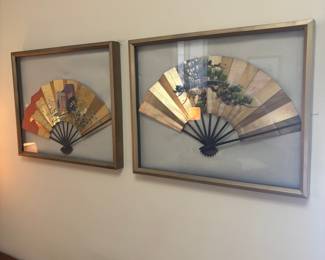 Framed Japanese Fans with Pine and Floral Motifs