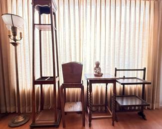 Grouping of occasional tables and folding etagere. Torchere style floor  lamp, art deco style coat rack.