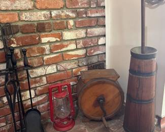 Table top and plunger butter churns and a lot of primitive kitchen type items. 