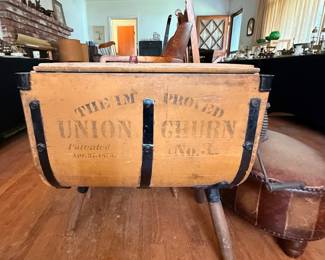 Union No. 3 tri-leg butter churn. C. 1870. Company graphics tells you everything you need to know. Appears to be complete.