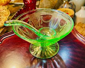 Depression Era Uranium glass condiment dish with a matching ladle