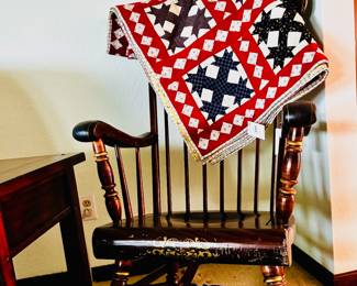 Vintage Ethan Allen Hitchcock style painted wood spindle rocking chair 44H x 34 1/2D X 25W and One Handmade Vintage Quilt (there are a few more)