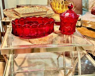 Forstoria Ruby red coin glass bowl + candy dish with lid