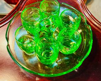 Depression Era Uranium Glass tidbit tray set - center-handled platter paired with six small shot glasses