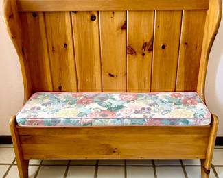 Knotty pine Deacon storage bench, with seat cushion 48w x 47H x 16 1/2H