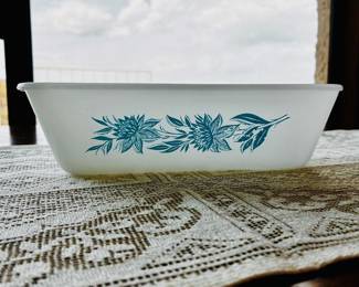 Vintage Glassbake milk glass loaf pan, blue thistle