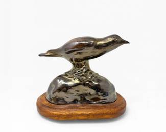 44 BronzeToneBirdSculptureonWoodBasewMetallicGlaze