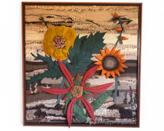 33 VintageLargeTextileFabricCollageFloralWallArtFramed